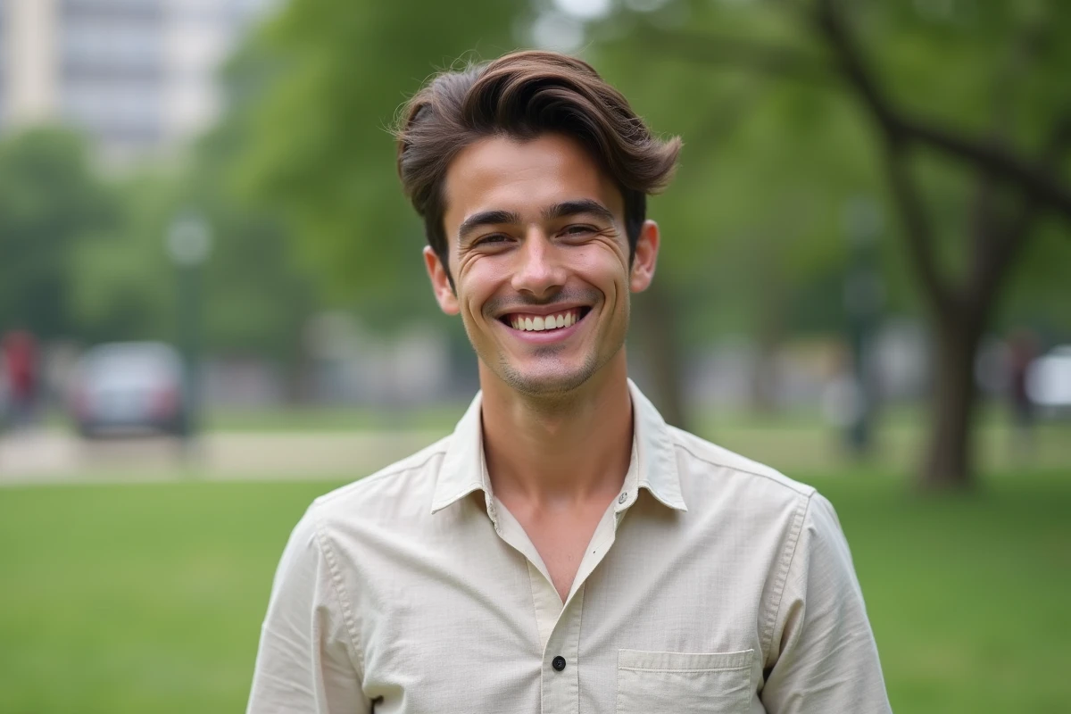 Jeune homme souriant dans un parc urbain verdoyant