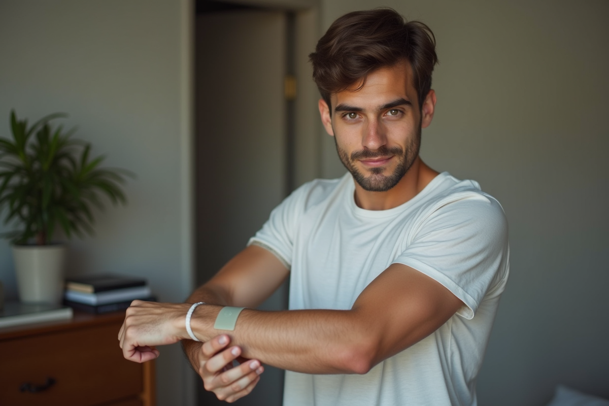 Jeune homme posant un patch sur une cicatrice sur son bras