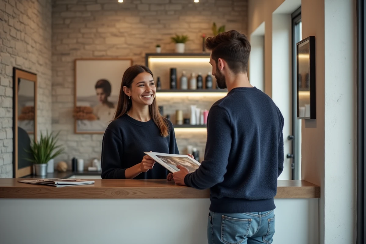 Jeune homme au salon recevant un guide coiffure