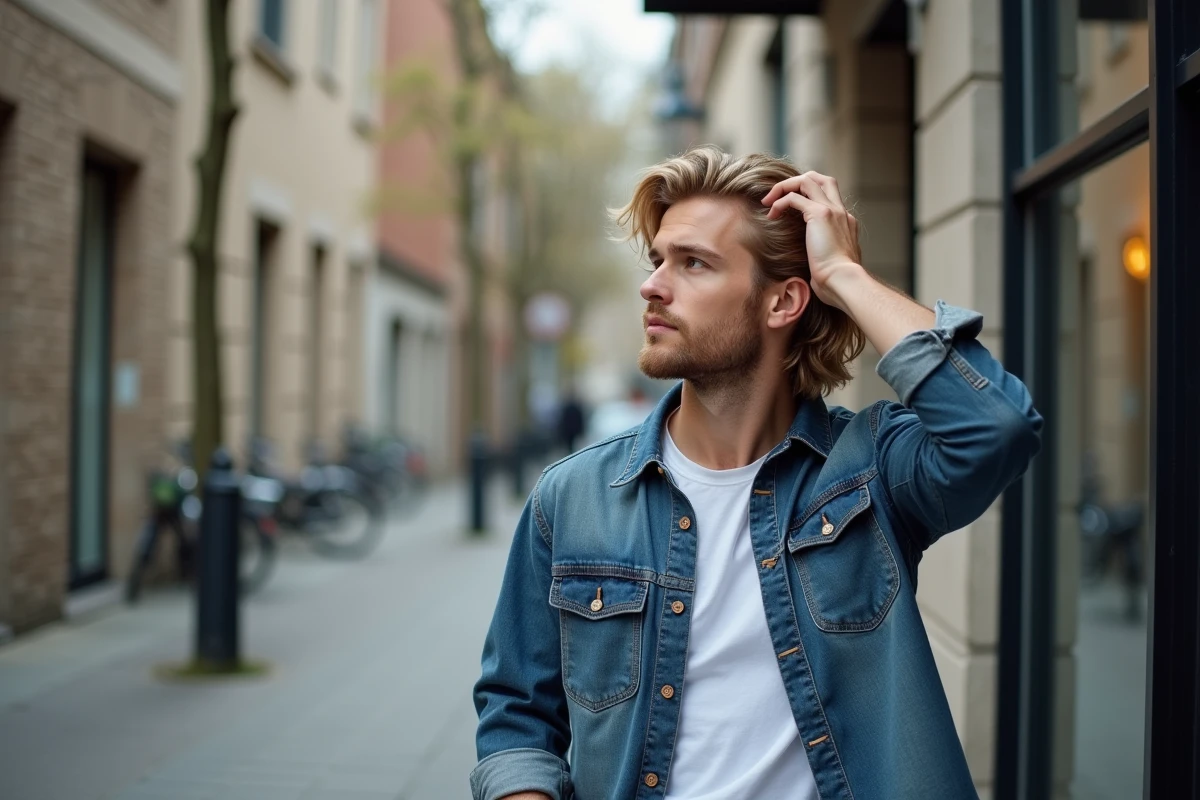 Jeune homme regardant sa reflection dans une vitrine