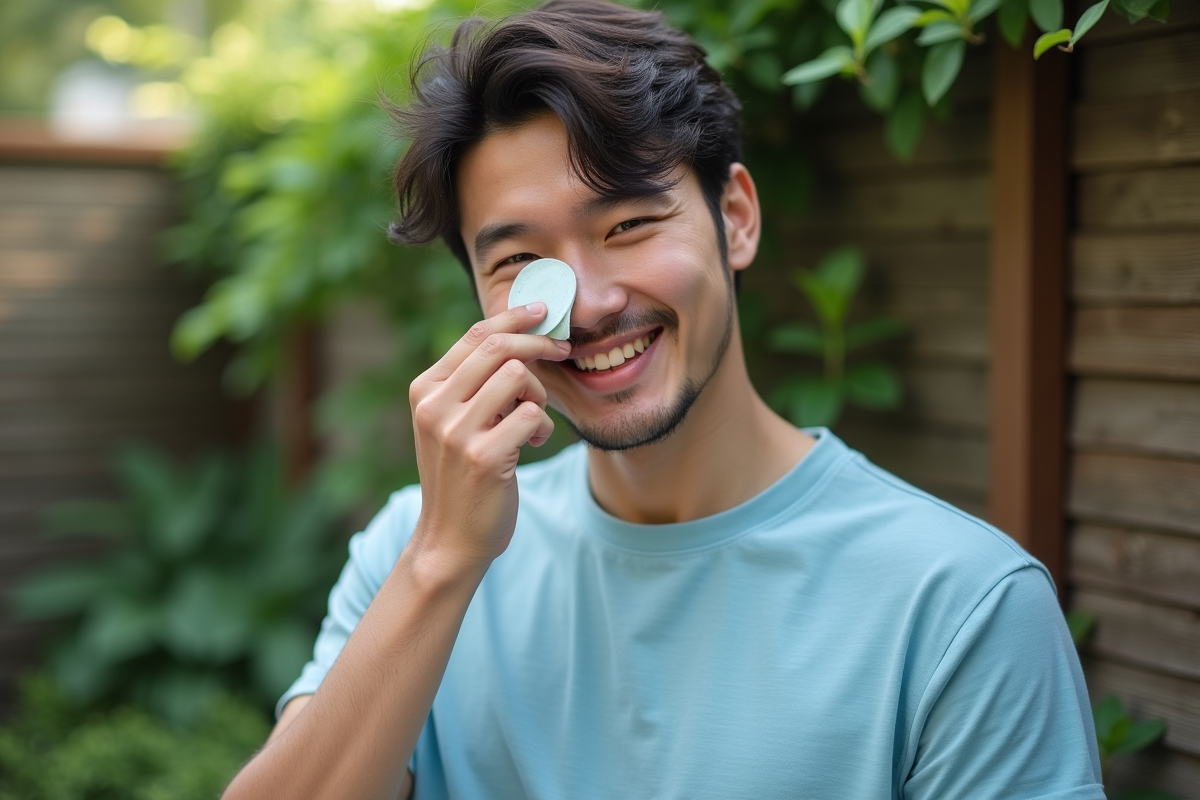 Jeune homme avec tasse de thé en soin visage naturel
