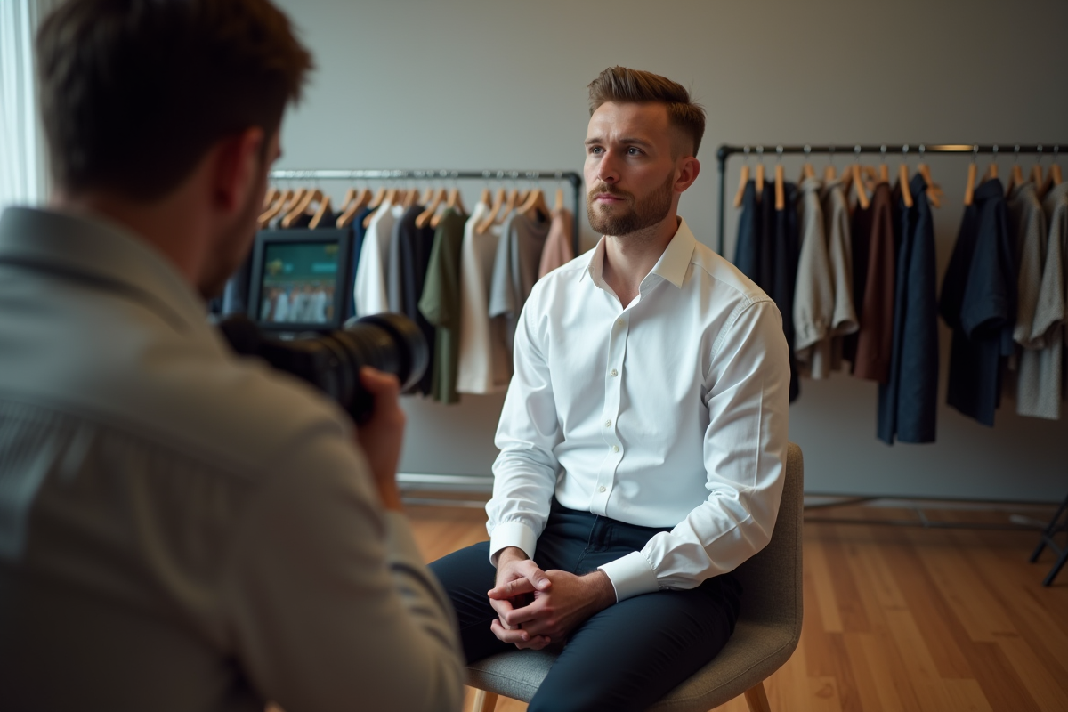 Jeune homme en studio regardant des essais photo sur un écran