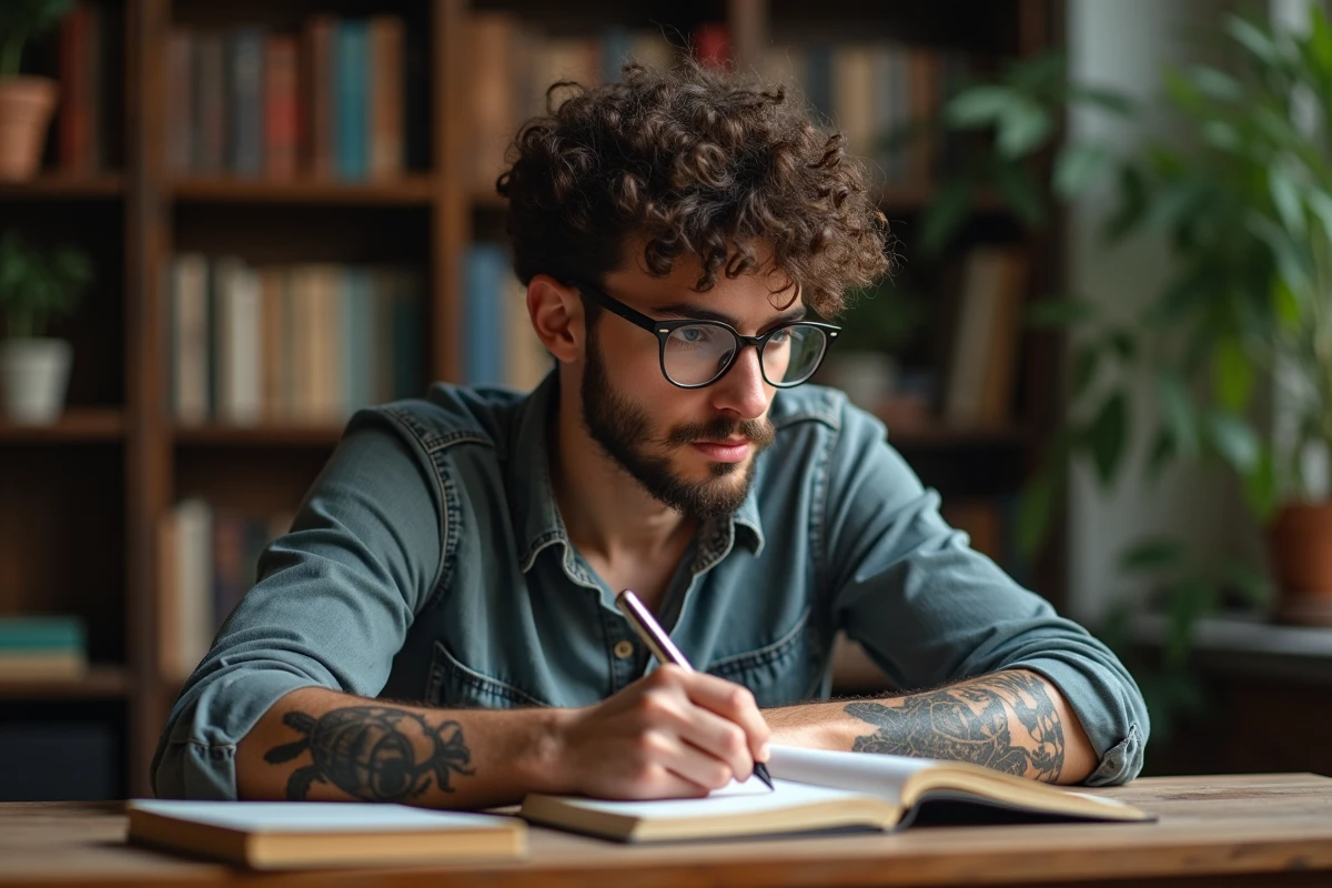 Jeune homme avec tatouage tortue en intérieur au bureau