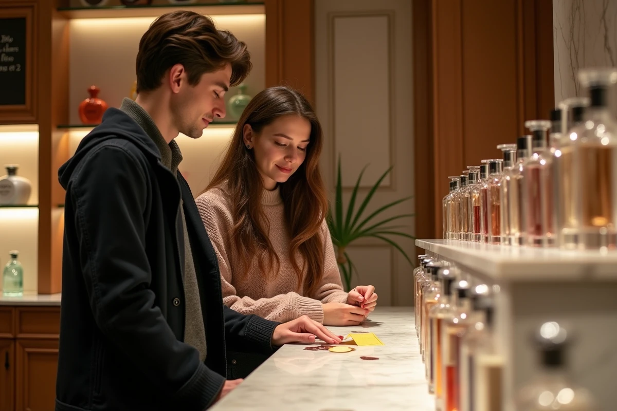 Jeune couple découvrant des parfums dans une parfumerie