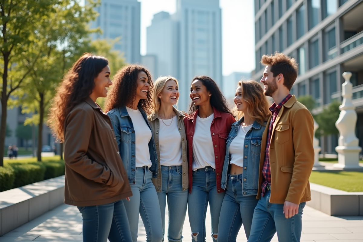 Groupe de jeunes adultes discutant dans un espace urbain