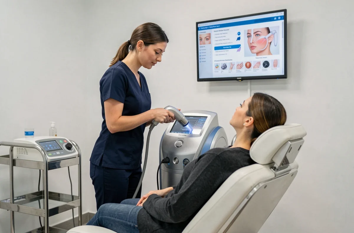 Technicienne utilisant un appareil laser professionnel au Maelis Centre Laser de Savigny-sur-Orge