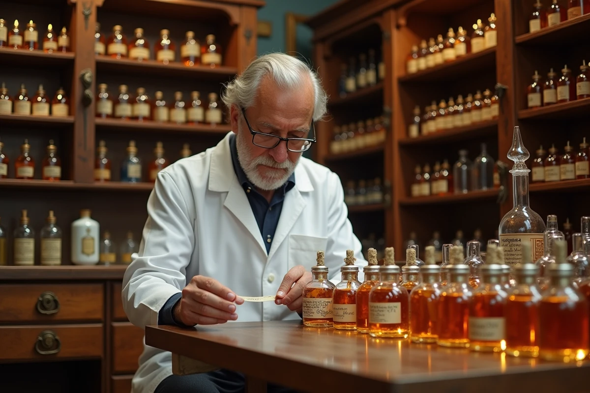Maître parfumeur senior dans son atelier de Grasse devant un orgue à parfum chargé d'essences rares