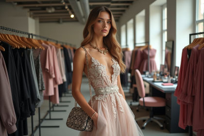 Mannequin Dior confiante en coulisses avec vêtements élégants