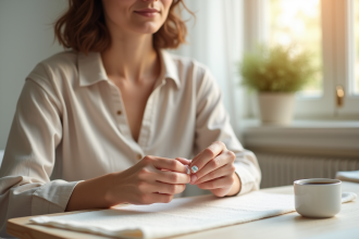 Femme en train de poser une capsule sur ses ongles dans un intérieur lumineux