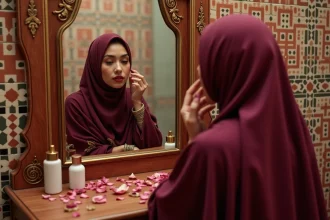 Femme marocaine en hijab bordeaux en soie appliquant un rouge à lèvres terracotta devant un miroir en laiton dans un riad traditionnel