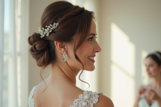 Mariée souriante coiffant une coiffure élégante naturelle