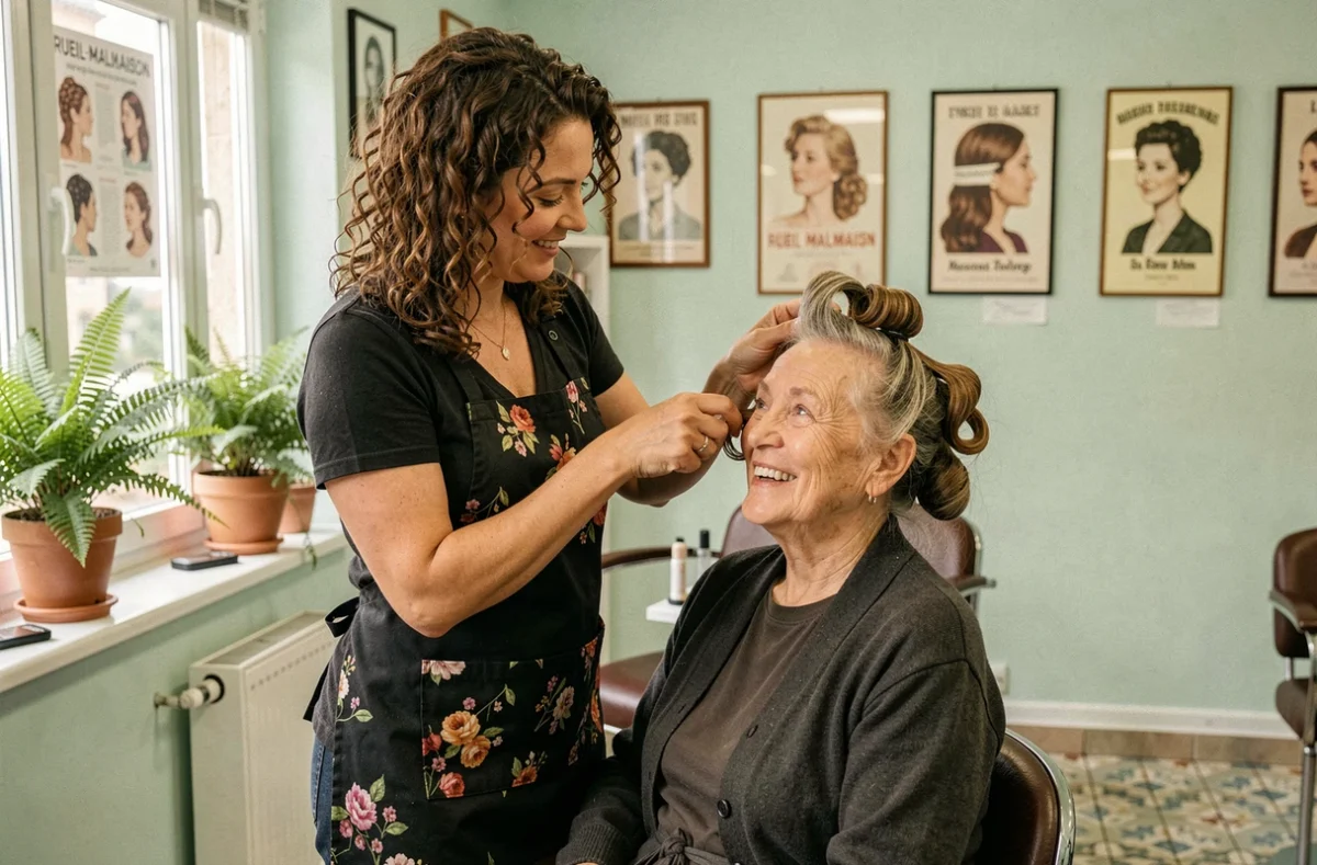 Coiffeuse installant des rouleaux sur une cliente âgée dans le salon accueillant Martine Coiffure à Rueil-Malmaison
