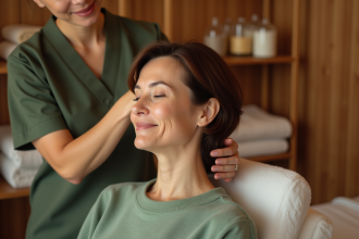 Femme détendue recevant un massage du cuir chevelu dans un spa