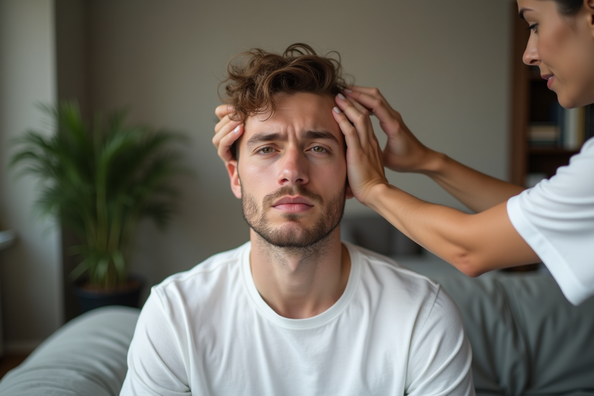 Jeune homme recevant un massage de la tête à domicile