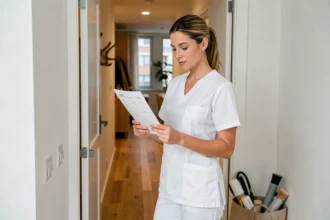 Masseuse professionnelle en tenue blanche vérifiant une fiche de réservation à domicile avant une séance de massage