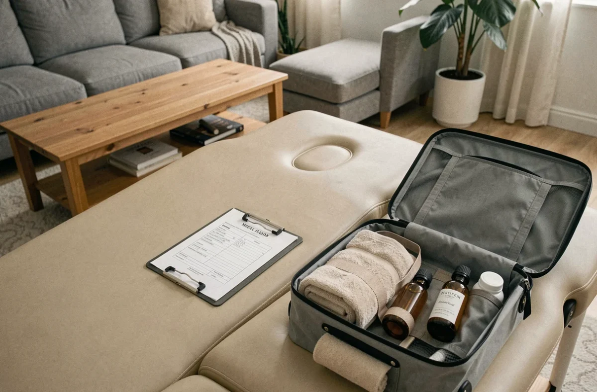 Table de massage portable et matériel professionnel installés dans un salon, avec documents de prise en charge visibles pour un massage à domicile