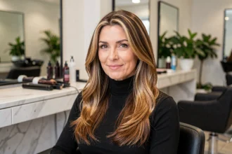 Femme de plus de 40 ans avec une belle coloration mèches blondes et brun dans un salon de coiffure parisien