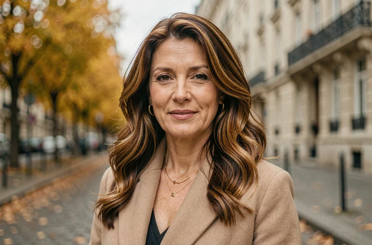 Femme élégante de 48 ans avec mèches caramel et brun dans une rue parisienne en automne