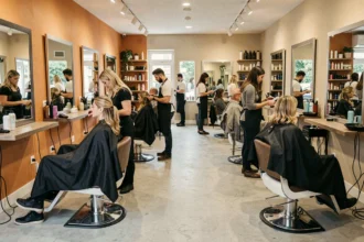 Intérieur d'un salon de coiffure animé en Seine-Saint-Denis avec plusieurs postes de travail et une clientèle diverse