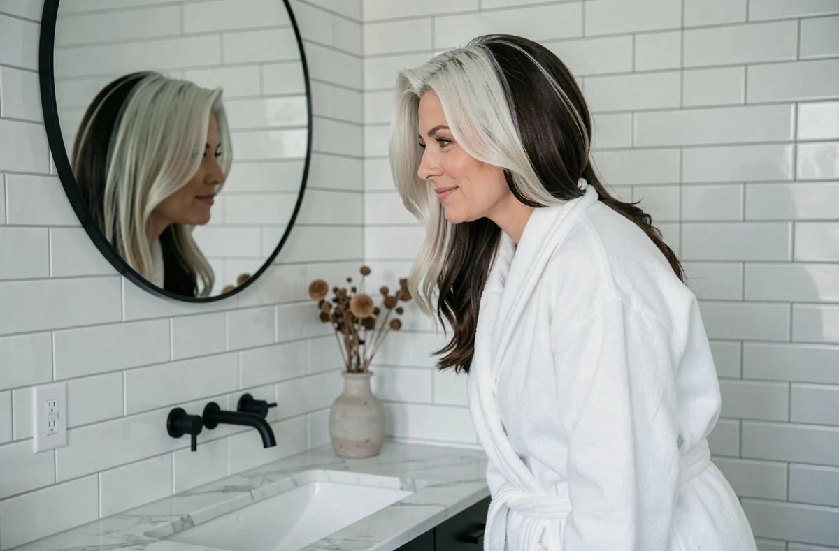 Femme de 44 ans avec technique money-piece blond platine et brun foncé dans une salle de bain minimaliste