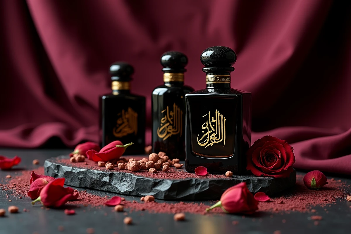 Nature morte de flacons de parfum oud Abdul Samad sur marbre noir avec pétales de rose séchés et copeaux de bois d'oud