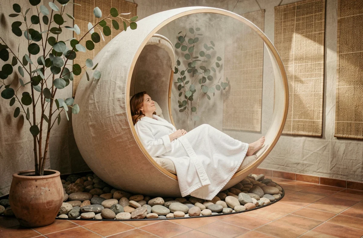 Femme en peignoir blanc se relaxant dans un espace cocooning zen à l'O Cocoon In de Rueil-Malmaison