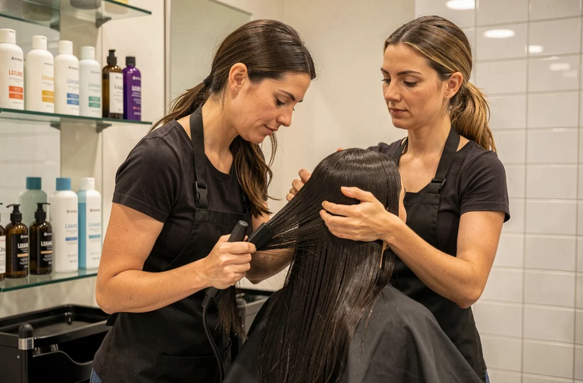 Coiffeuse appliquant un traitement lissage kératine sur les cheveux d'une cliente au salon Le Palais du Lissage à Épinay-sur-Seine
