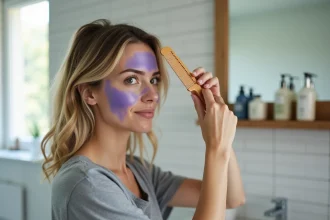 Femme appliquant une patine violette sur cheveux blonds à la maison dans une salle de bain moderne