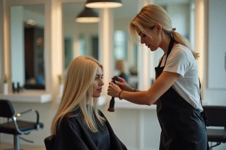 Coiffeuse professionnelle appliquant une patine sur cheveux blonds en salon de coiffure moderne