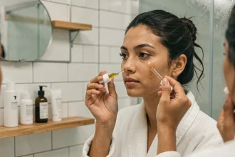 Jeune femme à la peau olivâtre appliquant de l'huile d'olive sur son visage devant un miroir de salle de bain