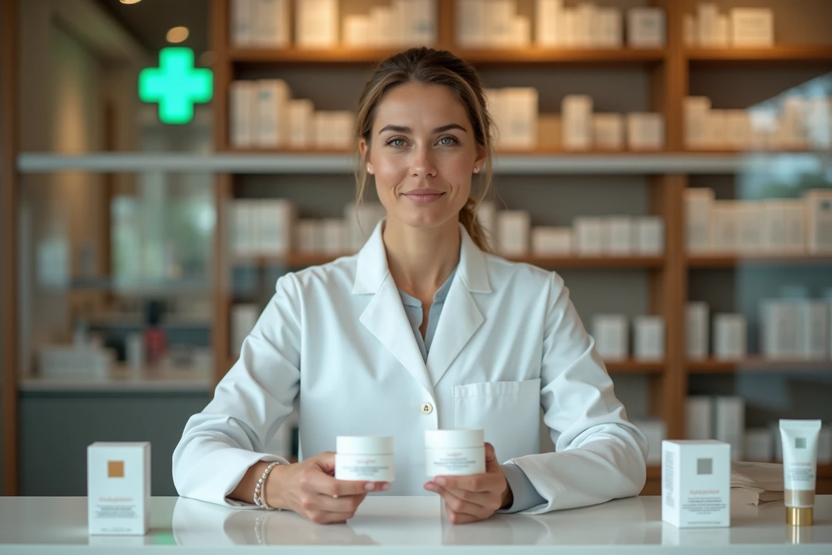 Pharmacienne comparant deux crèmes réparatrices dans une pharmacie française, Halcare versus crème de pharmacie classique
