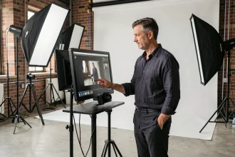 Photographe professionnel en studio examinant ses clichés sur écran calibré, entouré d'équipements photo et d'un décor en brique apparente