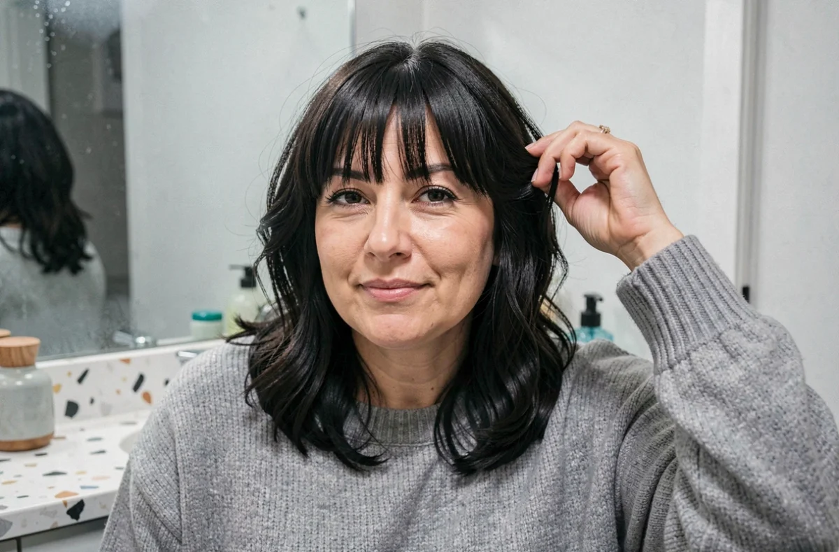 Portrait rapproché d'une femme à visage rond avec une frange rideau fraîchement coupée, se regardant dans le miroir de sa salle de bain