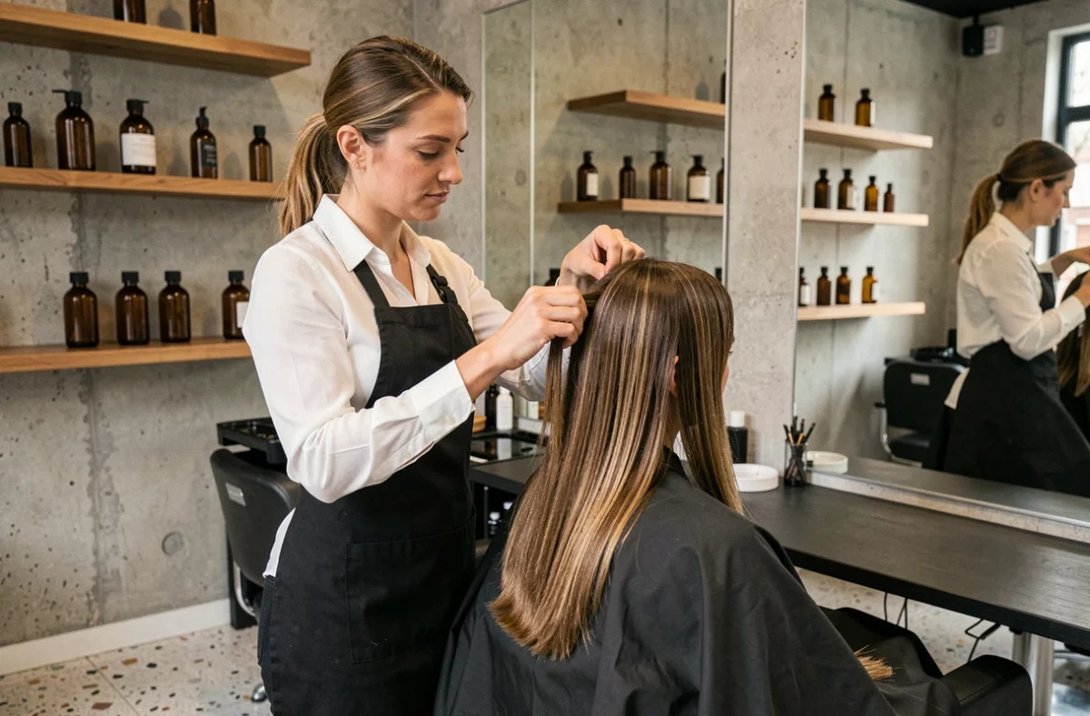 Styliste professionnelle appliquant une coloration capillaire dans le salon Racine Beauté à Nanterre