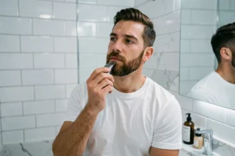 Homme trimant sa barbe en ligne ticket de métro devant un miroir de salle de bain moderne