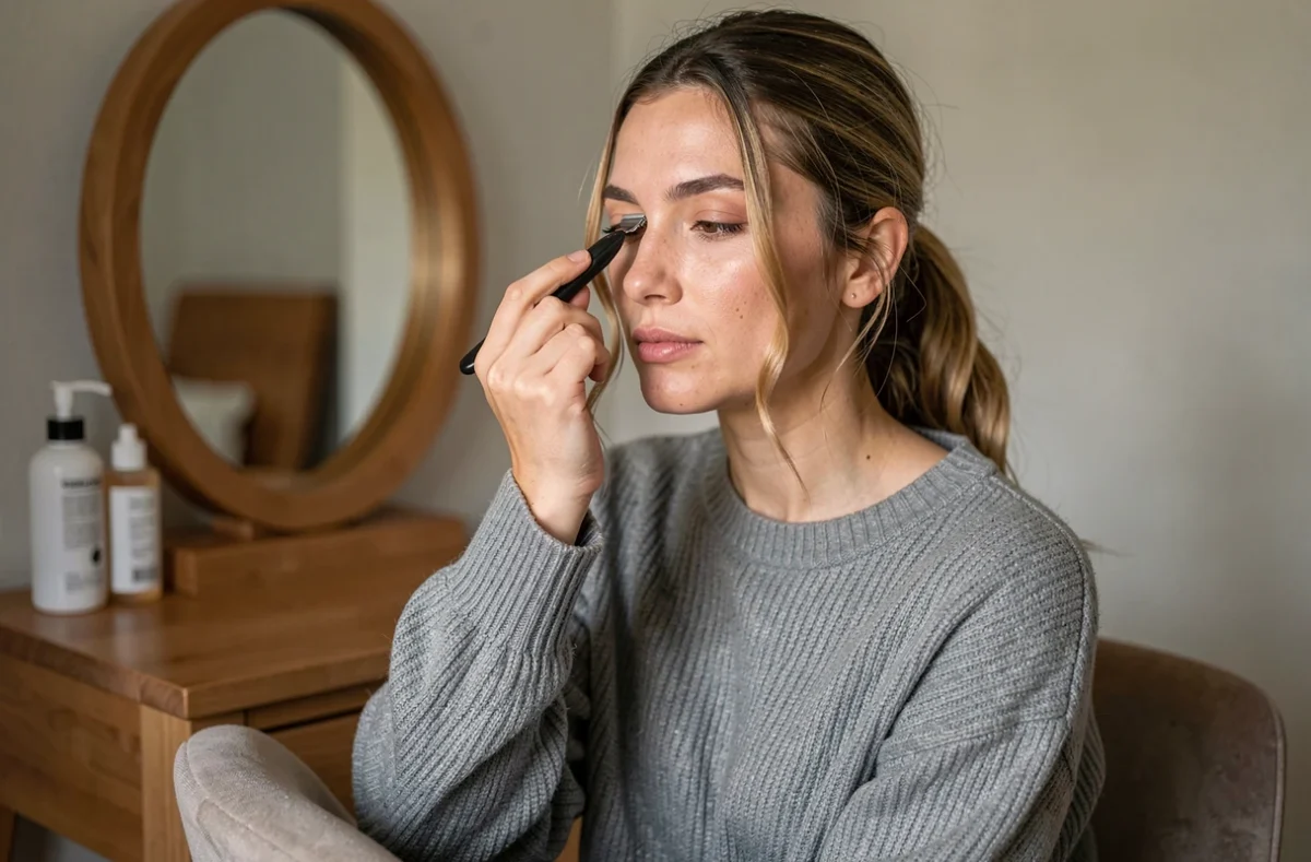 Femme rasant délicatement le duvet du visage avec un rasoir facial devant une coiffeuse en bois
