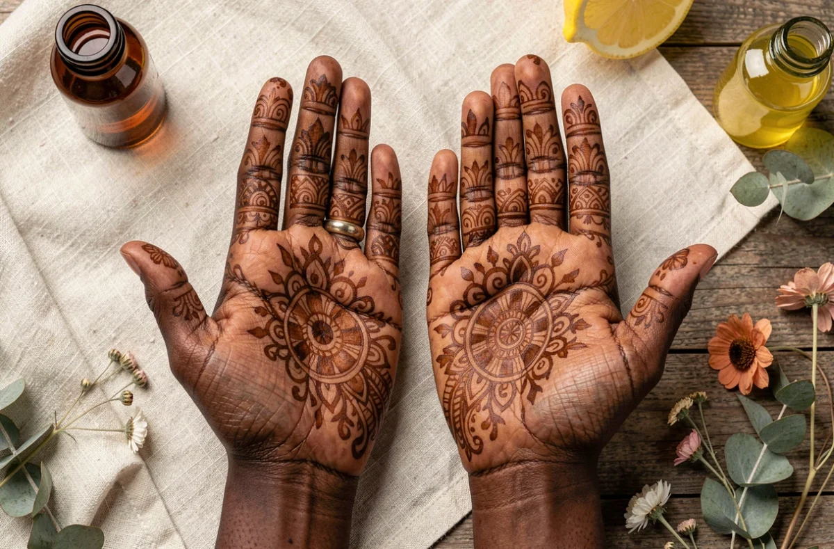 Gros plan de mains féminines ornées d'un motif de henné colorant intense en teinte auburn, présentées sur fond de lin texturé