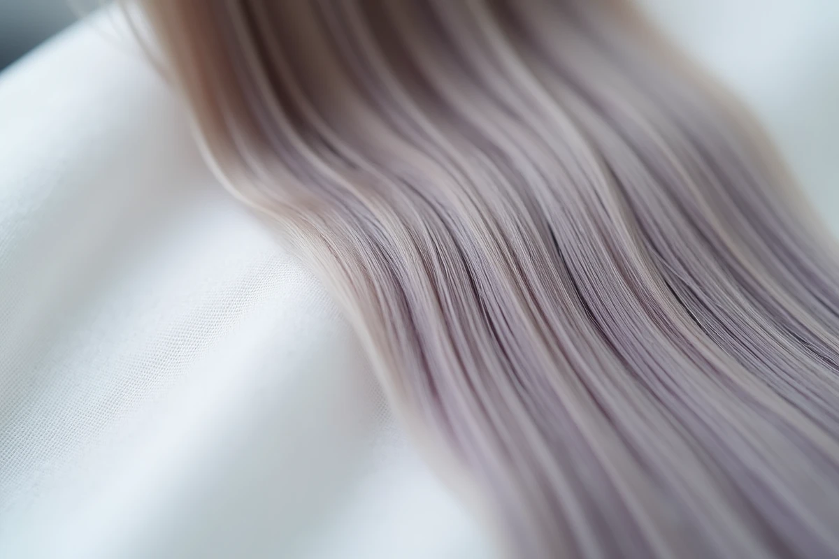 Gros plan sur cheveux blonds cendrés après patine réussie aux reflets violets discrets