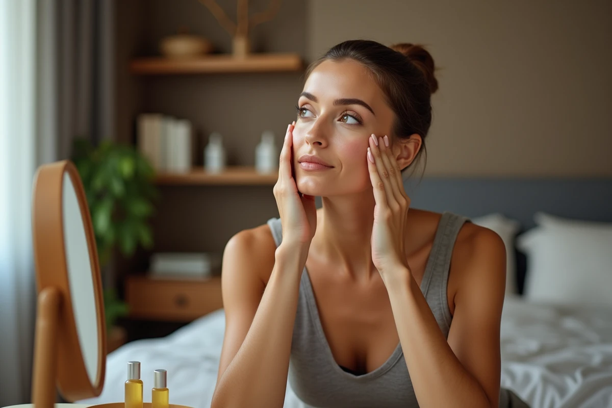 Femme d'une quarantaine d'années pressant doucement ses doigts sur ses joues après application d'huile visage à sa coiffeuse
