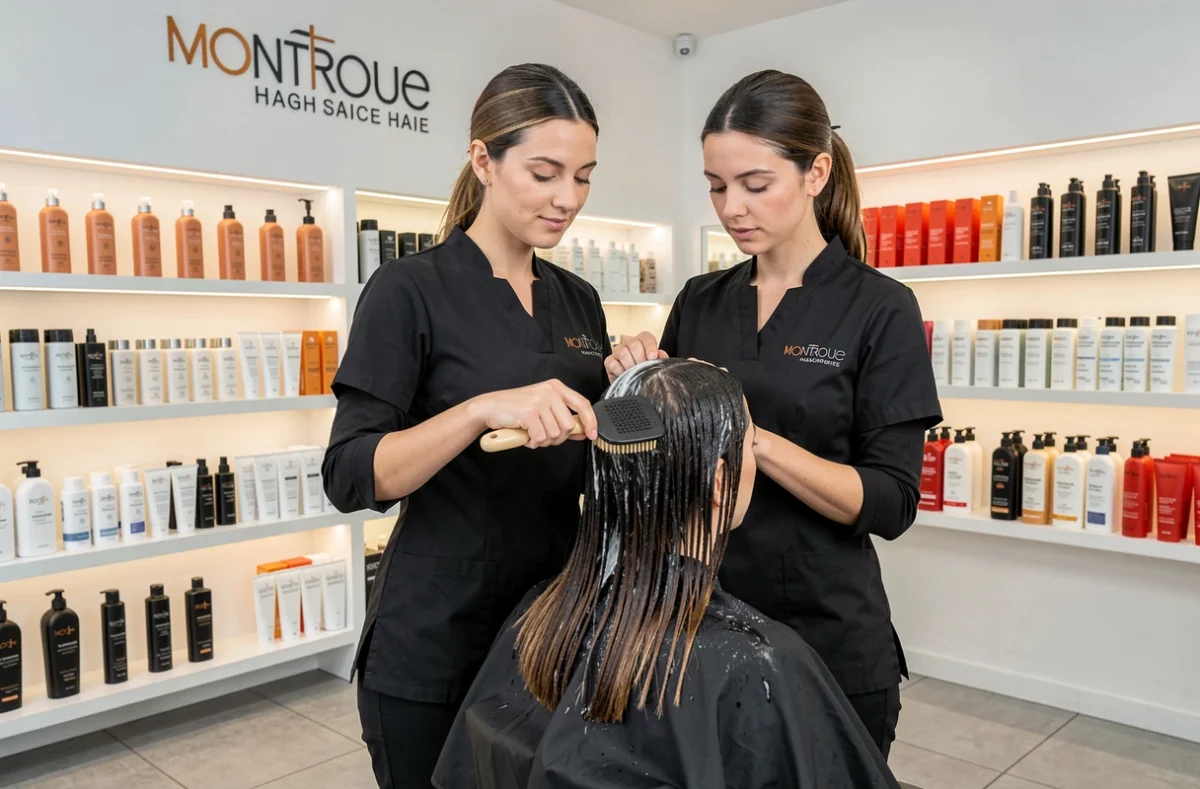 Styliste appliquant un soin capillaire sur une cliente dans le salon Saint Algue Coiffure à Montrouge