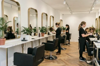 Vue intérieure d'un salon de coiffure moderne dans les Hauts-de-Seine avec des stylistes en tablier noir travaillant sur des clients