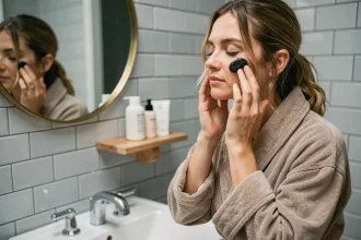Femme appliquant du savon noir sur son visage devant un miroir de salle de bain minimaliste