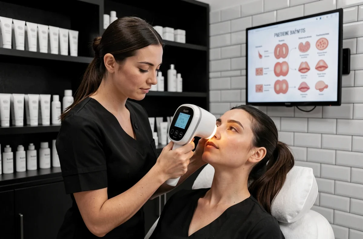 Analyse cutanée avec scanner numérique réalisée par une esthéticienne dans le studio moderne de S'beauty