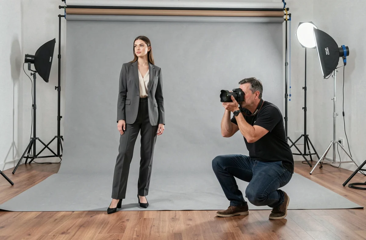Séance photo commerciale en studio avec un photographe professionnel et une modèle devant un fond gris, ambiance éditoriale