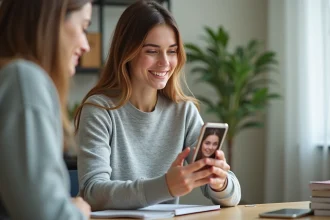 Femme utilisant une application de simulation de coupe de cheveux sur smartphone, assise à un bureau moderne à domicile