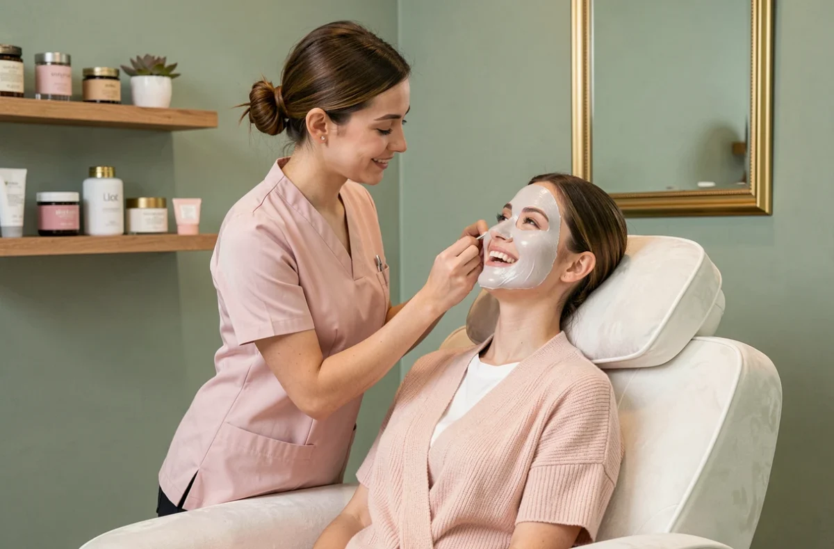 Esthéticienne appliquant un masque lumineux sur une cliente dans l'ambiance chic de So Eclat
