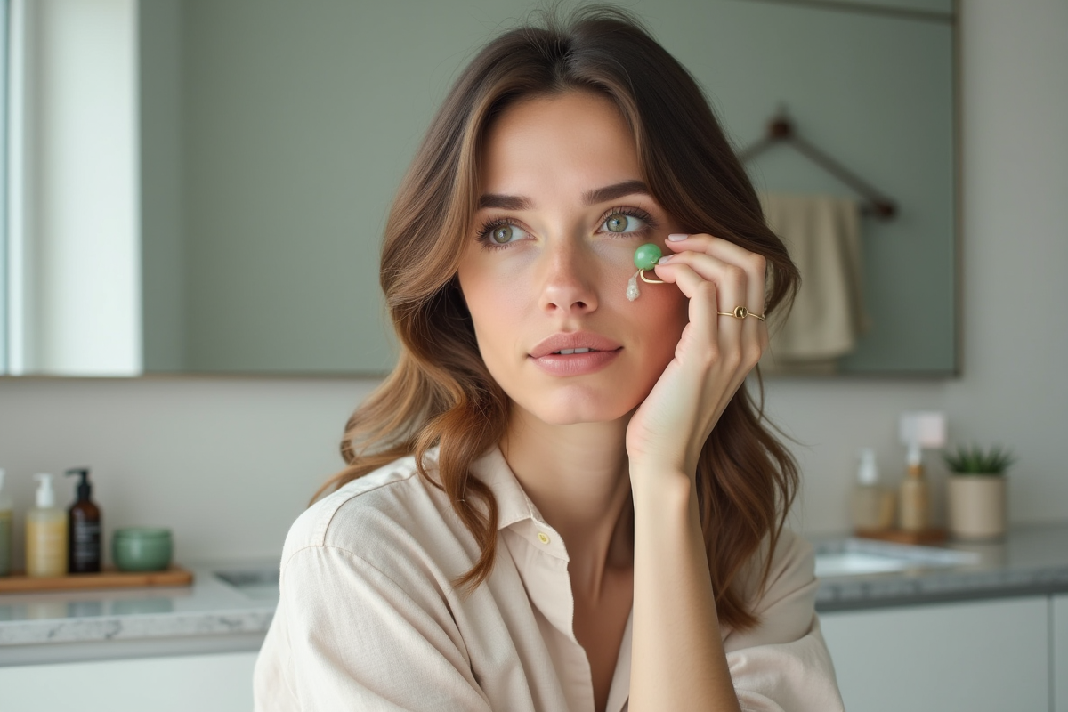 Femme utilisant un roller en jade sur son visage