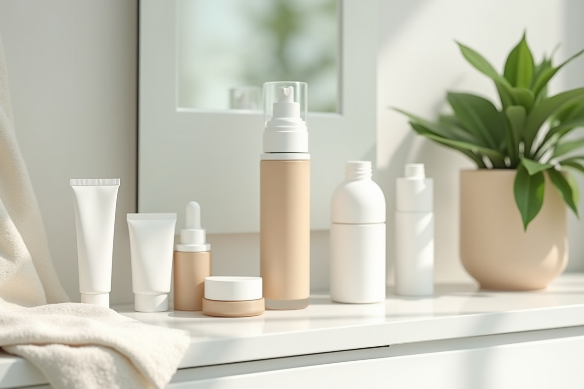 Assortiment de produits de soin et fond de teint sur une coiffeuse