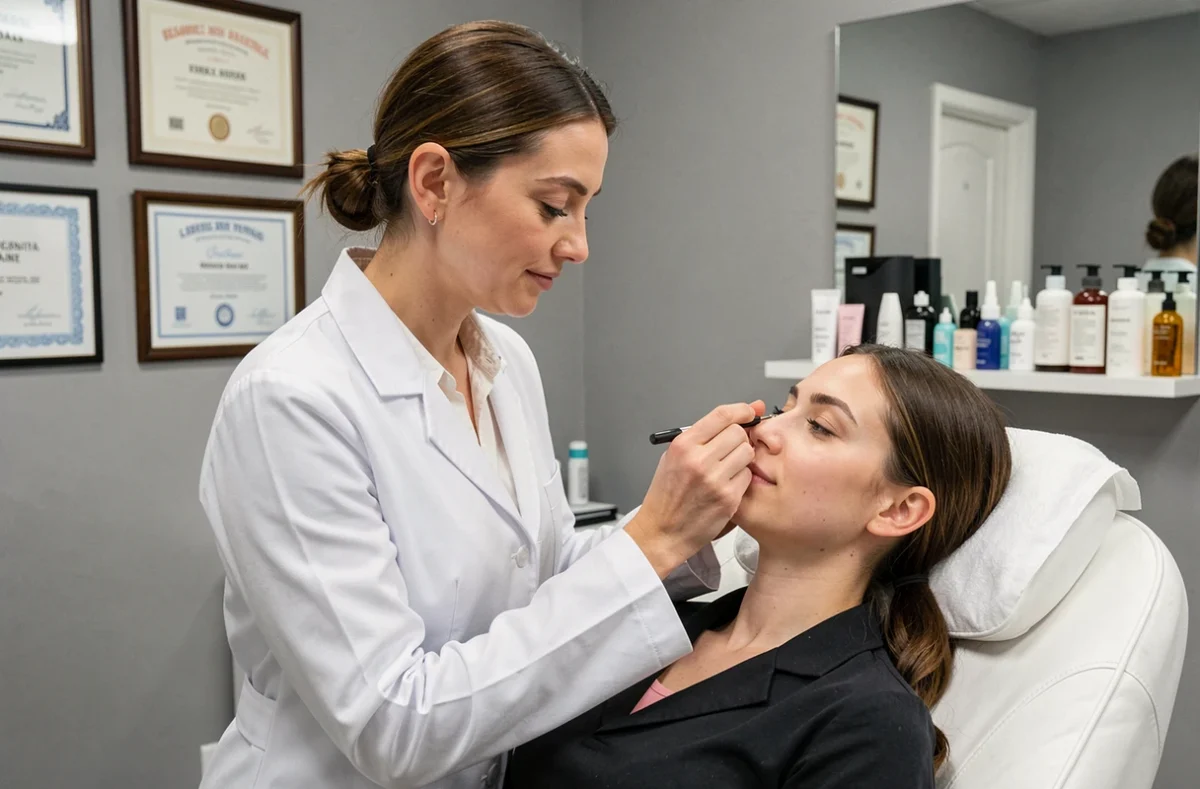 Esthéticienne en blouse blanche réalisant un soin épilation des sourcils sur une cliente à l'institut Sophie Esthétic à Sèvres