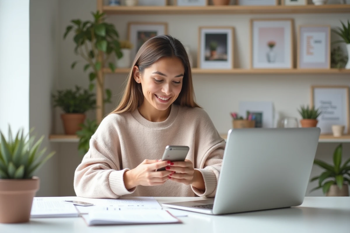 Jeune femme gérant sa stratégie Instagram et TikTok depuis son bureau minimaliste avec smartphone et analytics